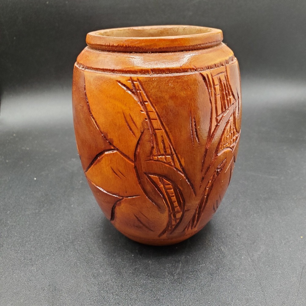 Turned Wooden Pot hand carved small 3 1/2" tall well done hobbyist piece detail